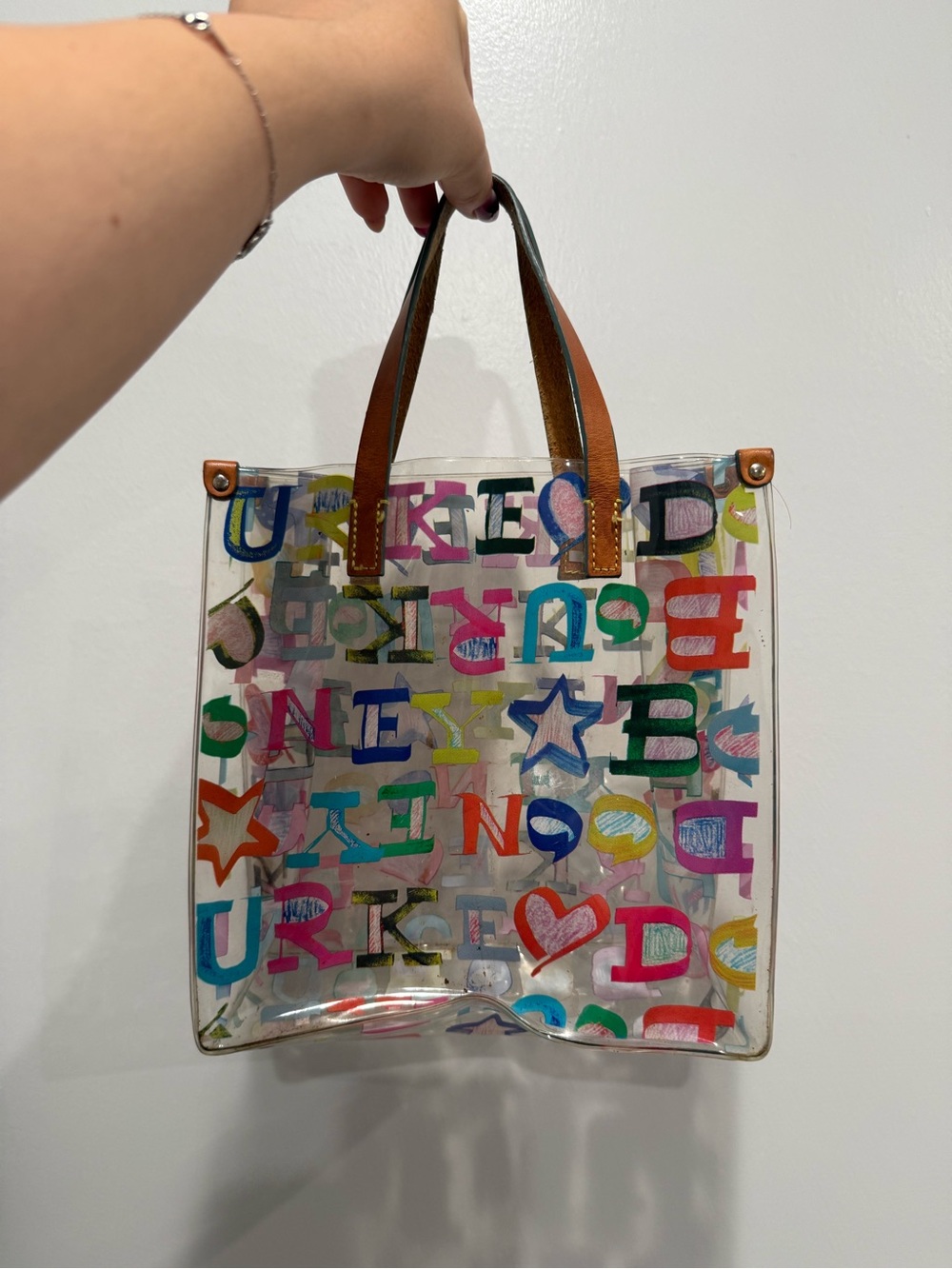 Dooney & Bourke Clear Multicolor Letter Print Tote with Brown Handles